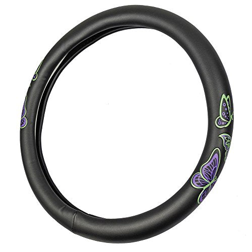 BDK GripGrab Comfort Grip - Purple & Green Butterflies on Black Synthetic Leather Steering Wheel Cover 15 inch - color: #46 Butterflies, size: Fits 14.5 - 15" SW