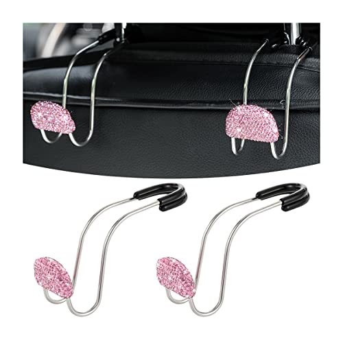 Car Headrest Hook, 2 Pack Bling Backseat Organizer Hanger for Purse Clothes Grocery Bag, Rhinestones Auto Headrest Storage Holder, Universal Car Seat Accessories for Most Vehicle (Pink) - color: Pink