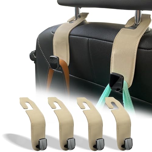 Car Seat Headrest Hook, 4 Pack Leather Car Purses and Bags Hooks Holder Hanger for Groceries Organization Accessories, Tan - color: Tan, size: 4 Pack