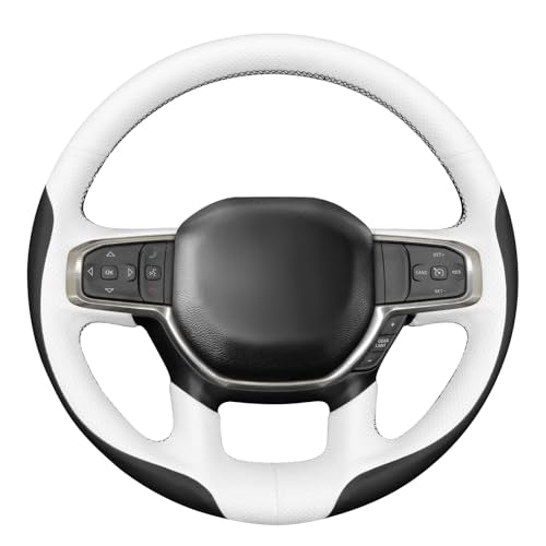 MEWANT Hand Stitch Black White Steering Wheel Cover for Dodge RAM 1500 2500 3500 2019-2025 DIY Custom Fit Microfiber Leather Wrap Protector Non-Slip Breathable Truck Interior Accessories - color: Black&White Microfiber Leather&Black Stitching