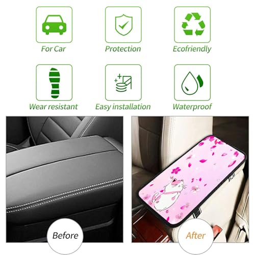 Universal Auto Center Console Pad and 2Pcs Car Coasters Set, Anti Slip Soft Neoprene Car Armrest Seat Box Cover Protector for Most Vehicle - Car Interior Accessories, Pink Flower Cat