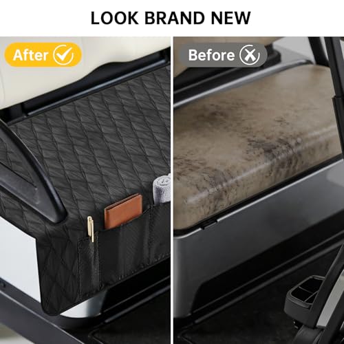 Golf Cart Seat Covers, Universal Golf Cart Seat Towel Blanket with 6 Front Pockets & Nonskid Bottom Fits for EZGO, Yamaha, Club Car and More 2 Person Seats Golf Carts, Black, 51.2 x 31.5 Inches