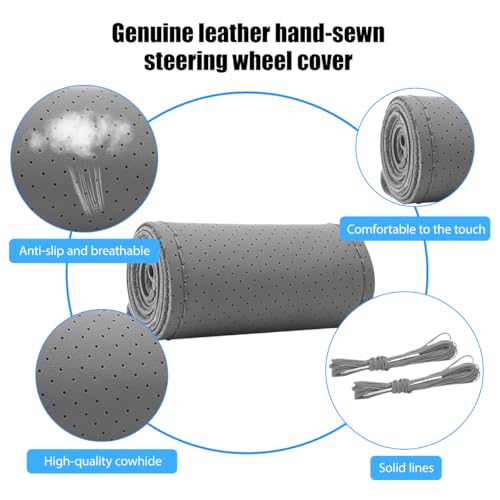 Genuine Leather Car Steering Wheel Cover, DIY Sewing Stitch on Wrap Auto Wheel Cover with Needle Thread, Breathable Anti-Slip Vehicle Steering Stitching Protector, Universal Fit (Gray) - color: Gray