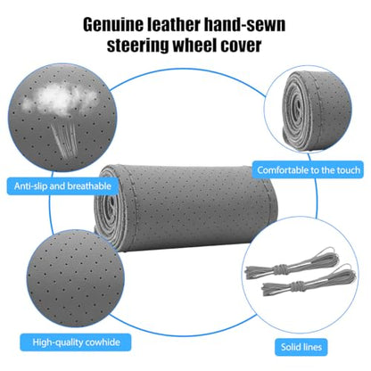 Genuine Leather Car Steering Wheel Cover, DIY Sewing Stitch on Wrap Auto Wheel Cover with Needle Thread, Breathable Anti-Slip Vehicle Steering Stitching Protector, Universal Fit (Gray) - color: Gray
