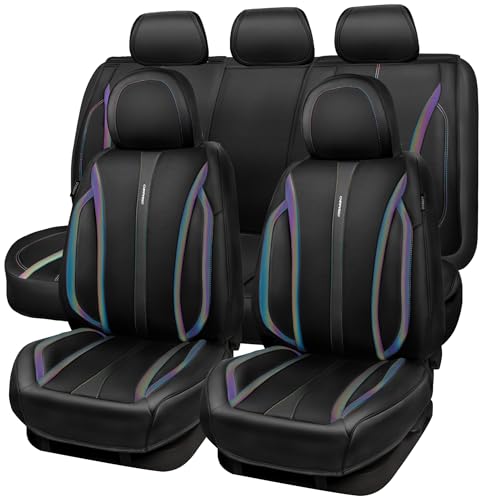 CAR PASS Nappa Leather Car Seat Covers, Durable Waterproof Luxury Universal for SUV Pick-up Truck Sedan, Anti-Slip Driver 5 Seats Covers Full Set with Backrest (Black Chameleon Iridescent Reflective)