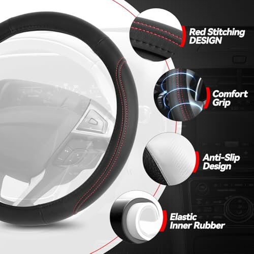 Auto Dynasty Car Steering Wheel Cover, Microfiber Leather Steering Wheel Covers Protector with Anti-Slip Inner Lining, Universal 14.5 to 15 Inch Car Interior Accessories, Black/Red Contrast Stitching - color: Stitched Red C