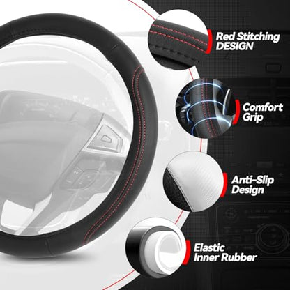 Auto Dynasty Car Steering Wheel Cover, Microfiber Leather Steering Wheel Covers Protector with Anti-Slip Inner Lining, Universal 14.5 to 15 Inch Car Interior Accessories, Black/Red Contrast Stitching - color: Stitched Red C