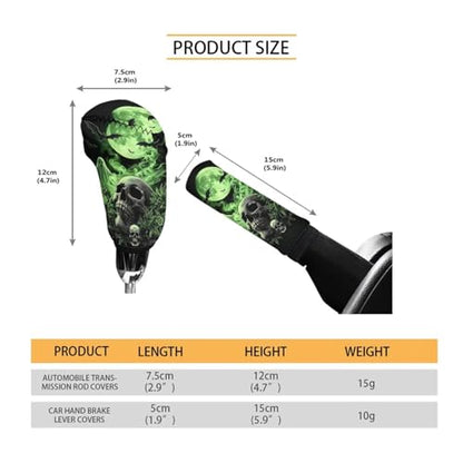 2Pcs Car Gear Shift Cover and Handbrake Covers Set, Skull Leaf Printed Non Slip Car Handbrake Cover, Soft Stretch Gear Shift Covers for Cars, Universal Fits for Most Cars SUV Truck Sedan - color: Green and Black - Skull Leaf