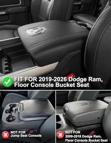 KBH Center Console Armrest Cover for 2019-2026 Dodge Ram 1500 2500 3500 5th Gen, Floor Console Bucket Seat, Arm Rest Cushion Pad Protector, Vinyl Leather, Black-Gray Stitches - color: Black-Gray Stitch