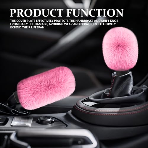 2PCS Plush Car Gear Shift Knob Cover & Handbrake Cover, Shift Knob Protector, Soft Fluffy Gear Handbrake Protective Sleeves, Shifter Lever Brake Handle Warm Plush Set for Cars (Pink)
