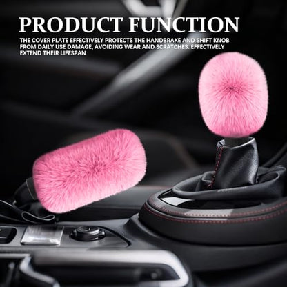 2PCS Plush Car Gear Shift Knob Cover & Handbrake Cover, Shift Knob Protector, Soft Fluffy Gear Handbrake Protective Sleeves, Shifter Lever Brake Handle Warm Plush Set for Cars (Pink)