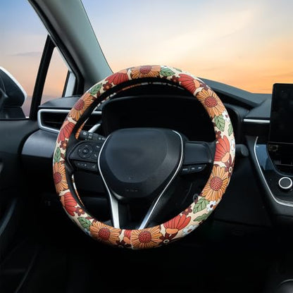Sunflower Retro Steering Wheel Cover Auto Jacquard Steering Wheel Protector, Anti-Slip, Breathable, Absorbing Sweat, Universal Car Accessories 14.5–15 inch,Fit for Most Car, Trucks, SUV - style: Sunflower Retro