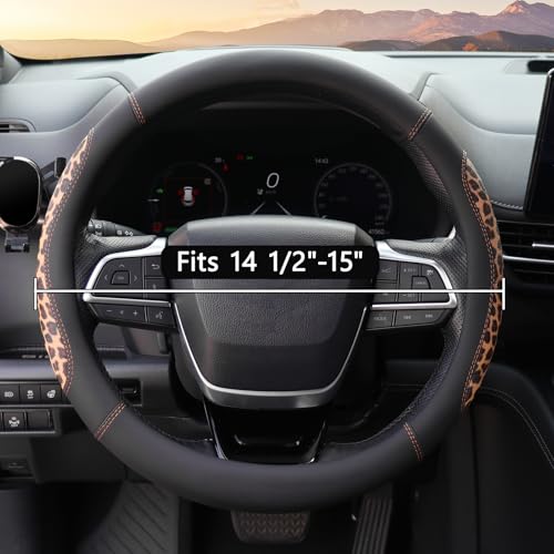 Microfiber Leather Leopard Steering Wheel Cover, Universal 15 Inch, Spliced Anti-Slip Car Wheel Protector, Luxury Cheetah Auto Accessories, Coffee Black - color: Brown Leopard