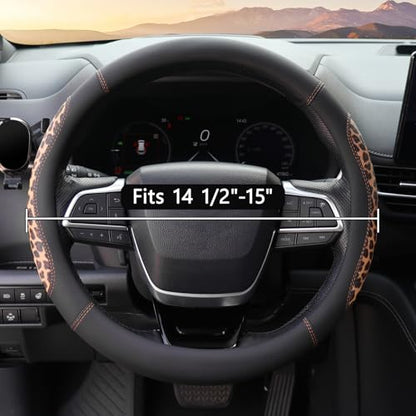 Microfiber Leather Leopard Steering Wheel Cover, Universal 15 Inch, Spliced Anti-Slip Car Wheel Protector, Luxury Cheetah Auto Accessories, Coffee Black - color: Brown Leopard