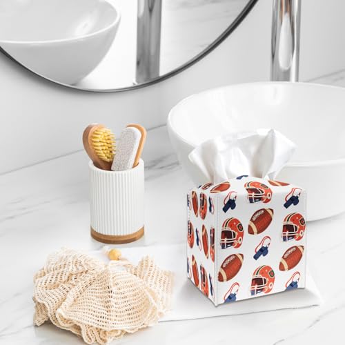 Tissue Box Cover Holder - Football Sports PU Leather Tissue Box Cover with Bottom Belt, Square Facial Paper Organizer for Tabletop, Bathroom, Kitchen, Car & Office -048 - color: Football