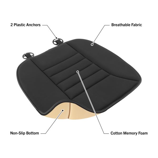 Car Seat Cushion - 1.2-Inch-Thick Memory Foam Seat Pad with Plastic Anchors and Non-Slip Bottom for Auto, Office Chair, or Home by Stalwart (Black)