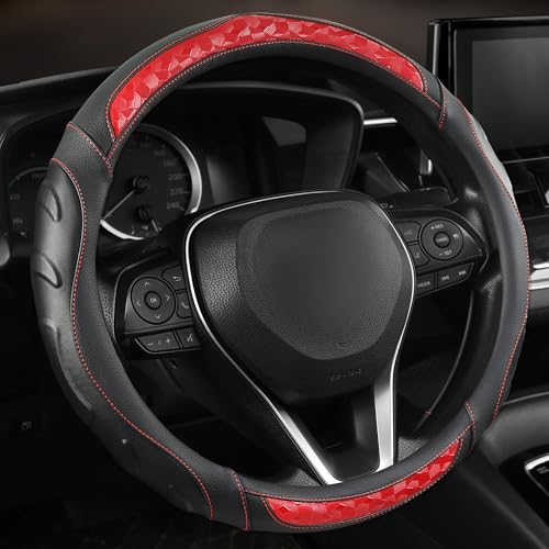Black Seal Custom-Fit Steering Wheel Cover for Toyota Camry, Corolla, RAV4, 14.5–15", Anti-Slip PU Leather (Black+Red) - color: Black+Red