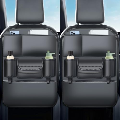 Backseat Car Organizer Leather Back of Seat Car Organizers for Drivers with Large Capacity 6 Storage Pockets Waterproof Kick Mats Seat Back Protector, 2 Pack