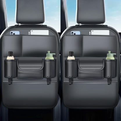 Backseat Car Organizer Leather Back of Seat Car Organizers for Drivers with Large Capacity 6 Storage Pockets Waterproof Kick Mats Seat Back Protector, 2 Pack
