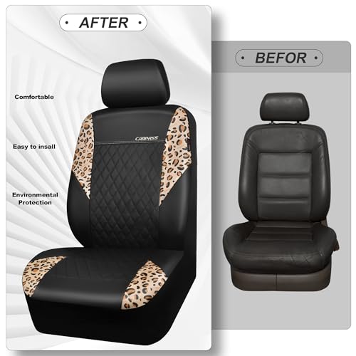 CAR PASS Leopard Print Faux Leather Car Seat Covers & Leopard Car Mats&Leopard Steering Wheel Cover Seat Belt Pad Universal Car Accessories for SUV,Van,Saden,Truck Automobile Interior Sets