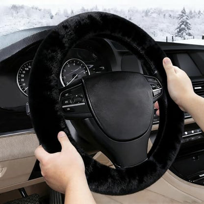 Furry Warm Steering Wheel Cover, Universal 14.5-15 Inch Winter Plush Warm Steering Wheel Cover, Soft Fluffy, Anti-Slip Design, Soft Texture (Black) - color: Black Plush