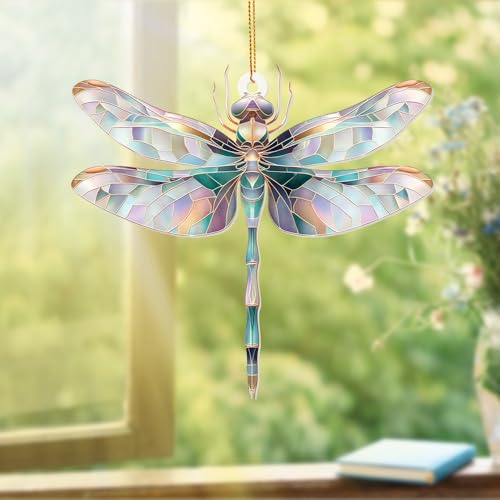 Dragonfly Ornament Stained Glass Style – Acrylic Window Hanging Suncatcher, Car Rearview Mirror Charm, Whimsical Holiday Christmas Tree Ornament, Unique Dragonfly Gifts for Women, Mom, Teacher(Sun-13) - color: Sun-13