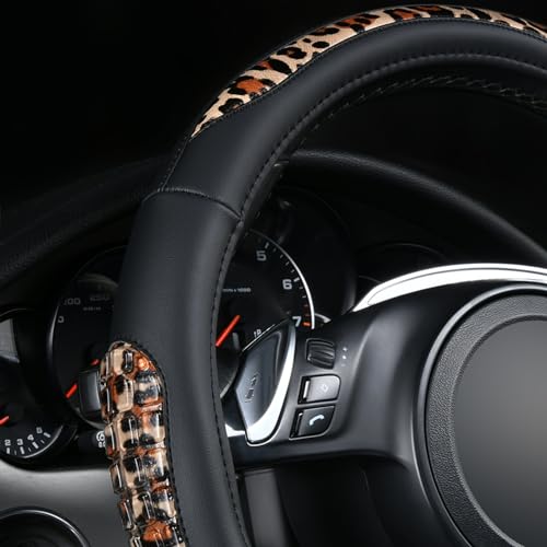 Flying Banner car Steering Wheel Cover Gel Massage Velvet Cool Warm Universal Size 15 inches SUV Truck Anti Slip Odorless Summer Winter (Black Brown Leopard Print, Gel Massage) - color: Black Brown Leopard Print