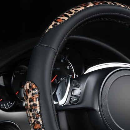 Flying Banner car Steering Wheel Cover Gel Massage Velvet Cool Warm Universal Size 15 inches SUV Truck Anti Slip Odorless Summer Winter (Black Brown Leopard Print, Gel Massage) - color: Black Brown Leopard Print