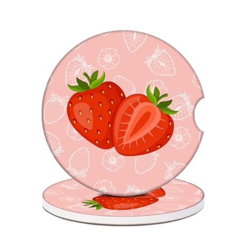Cute Strawberry Car Coasters for Cup Holders, 2 Pack Absorbent Ceramic Fruit Car Cup Coasters Interior Accessories 2.56 Inch for Women Men - color: Cute Strawberry