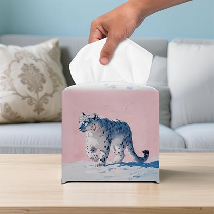 Snow Leopard Art 5.2-Inch Square PU Leather Tissue Box Cover – Hand-Stitched, Removable Liner, Bathroom, Bedroom, Living Room, Office, Gift for Snow Leopard & Animal Lovers - color: Snow Leopard