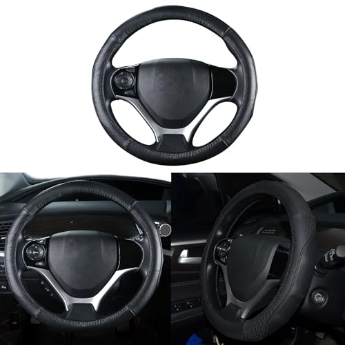 QianBao Genuine Leather Car Steering Wheel Cover Black for 13.5 to 14.2 inches Steering Wheels, Sweat Absorbent (Black) - color: Black Line