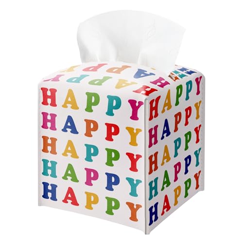 Colorful Happy Print Tissue Box Cover, Square Leather Tissue Box Cover Holder with Belt Bottom, Decorative Facial Paper Organizer for Bathroom, Vanity, Home Office Car Decorations - color: Colorful04