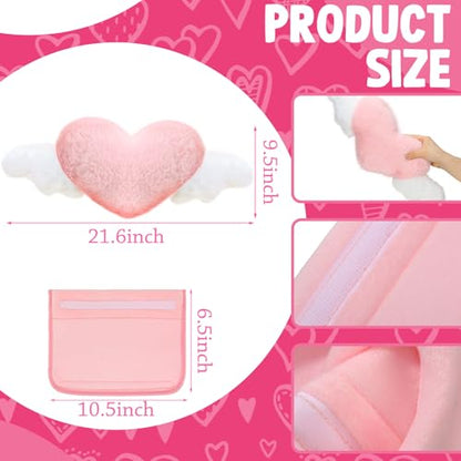 4 Pcs Car Accessories Set Include 2 Pcs Pink Heart Shaped Car Headrest Pillow with Angel Wings2 Pcs Pink Faux Fur Universal Seatbelt Cover Kawaii Soft Neck Rest Cushion for Truck SUV Decor