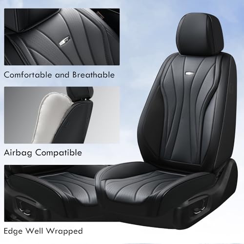 Coverado Car Seat Covers Full Set, Luxury Faux Leather Seat Cover, Black Seat Covers for Cars, Front and Back Seat Cover Waterproof Car Seat Protector Car Seat Cushion Universal Fit for Most Vehicles
