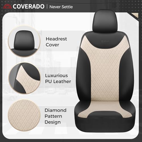 Coverado Front and Back Seat Covers, 5-Pack Universal Seat Covers for Cars, Leather & Fabric Splicing Design Car Seat Protectors, Waterproof Seat Cushions Universal for Most Vehicles, Black & Beige - color: Black&Beige