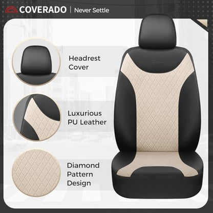 Coverado Front and Back Seat Covers, 5-Pack Universal Seat Covers for Cars, Leather & Fabric Splicing Design Car Seat Protectors, Waterproof Seat Cushions Universal for Most Vehicles, Black & Beige - color: Black&Beige