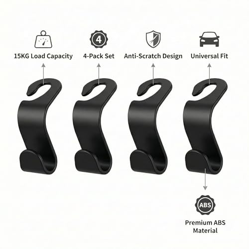 4 Pack Car Seat Headrest Hooks - Universal Back Seat Hanger for Purses, Grocery Bags, and Handbags - Stylish Black Car Organizer Hooks for Interior Storage, Easy Installation, Fits Most Vehicles