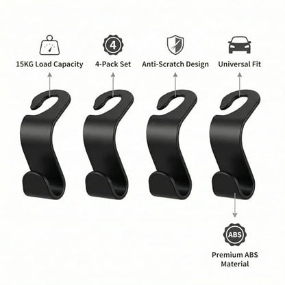 4 Pack Car Seat Headrest Hooks - Universal Back Seat Hanger for Purses, Grocery Bags, and Handbags - Stylish Black Car Organizer Hooks for Interior Storage, Easy Installation, Fits Most Vehicles