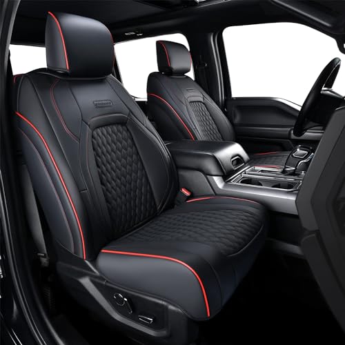 Coverado Full Set Leather Car Seat Covers for F150,Waterproof Automotive Seat Covers for Cars,SUVs,Pickup Trucks,Compatible with 2015-2026 F150 SuperCrew,2017-2026 F250 F350 F450 Crew Cab, Black/Red - color: Red line, size: FullSet