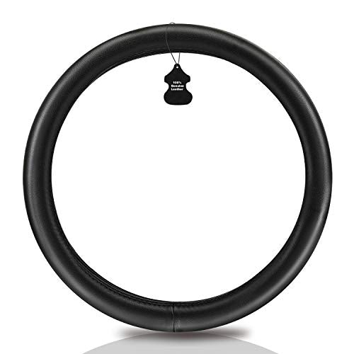 Heavy Duty Pure Cowhide Steering Wheel Cover, Black Genuine Leather Steering Wheel Cover Men Women Universal 14.5 to 15 Inch - color: BLACK-1