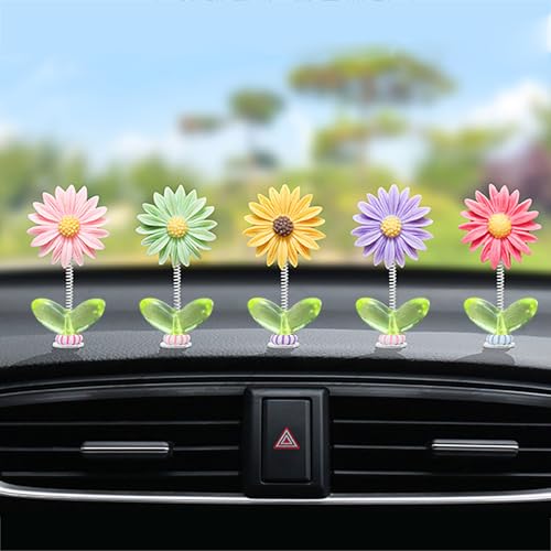 5 Pcs Daisy Cute Car Decor for Women,Mini Resin Flower Rear View Mirror Accessories with Spring Funny Decorations for Car Interior Computer Desk Dashboard Ornament (Daisy, one Size) - style: Daisy