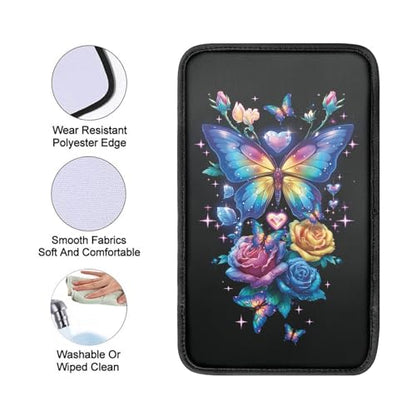 Colorful Butterfly Rose Print Car Center Console Cover Pad, Universal Armrest Seat Box Cover,Auto Armrest Cover Protector - color: Colorful Butterfly Rose