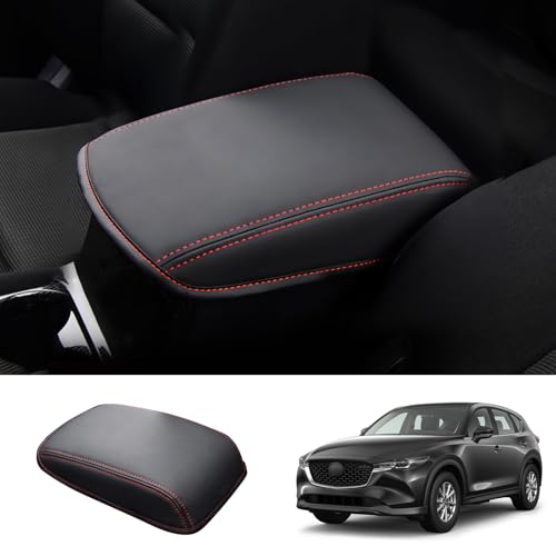2017-2025 CX-5 Center Console Cover for Mazda CX-5 (Sport/Touring/Carbon Edition/Grand Touring/2.5/2.5 S), Cushion Leather Armrest Cover 2023 2024 2025 Mazda CX5 Accessories (Red Line-Padded) - color: (for CX-5) Black-Red Line