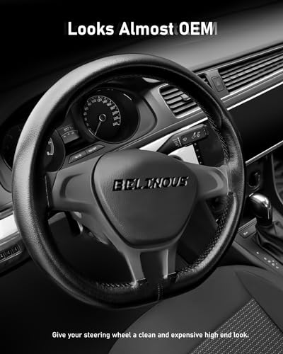 Belinous Leather Steering Wheel Cover Lace Up, Stitch on Steering Wheel Wrap, Universal Fit 13-20 Inch Car Truck Pickup Boat, A Whole Piece of Cowhide, DIY w/Needle Thread (Size L4, Black) - color: Black, size: L4