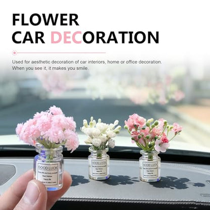 3 PCS Car Dash Flower Ornaments | Mini Daisy Flower, Dashboard Decorations, Daisy Cherry Blossom Jasmine Vase, Interior Accessories for Women Girl