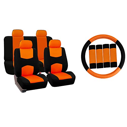 FH Group Car Seat Covers Flat Cloth Automotive Orange Full Set, Rear Solid Bench Universal Fit Combo Steering Wheel Cover & Seat Belt Pads Car Seat Protector for Cars Trucks SUV Interior Accessories - color: Orange / Black