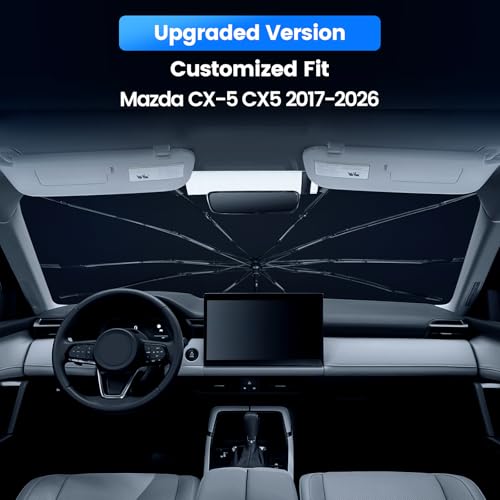 Windshield Sun Shade Umbrella Compatible with Mazda CX-5 2017-2026 Accessories,Upgraded 360° Bendable Handle & Rearview Mirror Cutout,UPF 50+ Titanium Silver Coating Car Front Window Sunshade - size: For Mazda CX-5 CX5 2017-2026