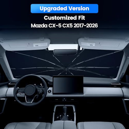 Windshield Sun Shade Umbrella Compatible with Mazda CX-5 2017-2026 Accessories,Upgraded 360° Bendable Handle & Rearview Mirror Cutout,UPF 50+ Titanium Silver Coating Car Front Window Sunshade - size: For Mazda CX-5 CX5 2017-2026