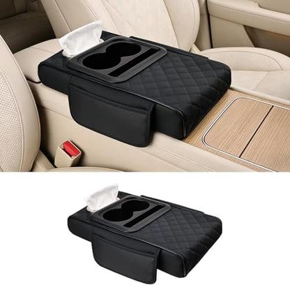 Car Armrest Cushion,Multifunctional Leather Console Cover with Cup Holders,Center Console Armrest with Tissue Box Slot & Phone Storage,Car Interior Accessories,Black
