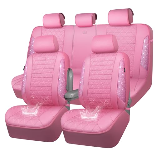 CAR PASS Pink Oxford Bling Diamond Car Seat Covers Full Set Interior Sets, Waterproof Shining Glitter Sparkly Crystal Universal Armrest Fit 95% Automotive Truck SUV Cute Women Girl, Pink Rhinestone - color: Pink-Oxford, size: Full Set
